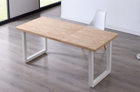 Mesa comedor extensible de madera natural y metal blanco, 140-180/220 x 80  x 77 cm